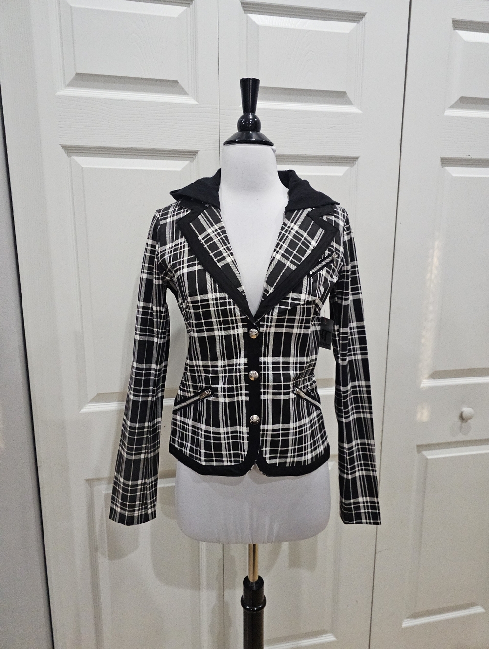 Rare Vintage Punk Goth Tripp NYC Black & White Plaid Snap Blazer Jacket Coat S - Picture 11 of 12